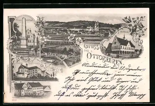 Lithographie Ottobeuren, Neinrestaurant und Knabenschule, Krieger-Denkmal, Rathaus