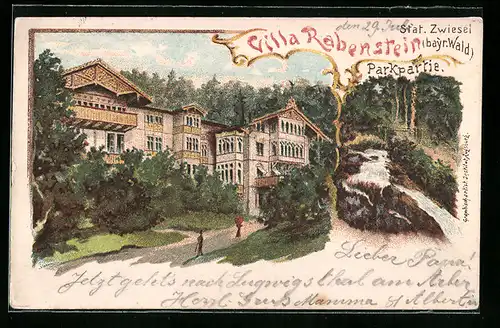Lithographie Zwiesel /Bayr. Wald, Villa Rabenstein, Parkpartie