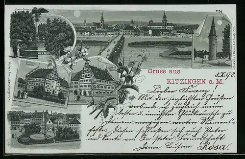 Lithographie Kitzingen / Main, Königsplatz, Rathaus, Kriegerdenkmal, Falterturm