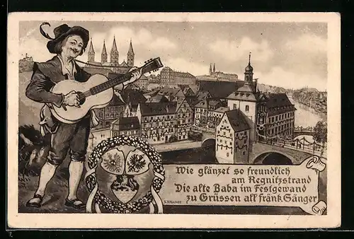 Künstler-AK Bamberg, XII. Fränkisches Sängerfest 1914 Sänger u. Stadtpanorama