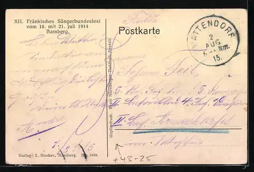 Künstler-AK Bamberg, XII. Fränkisches Sängerfest 1914 Sänger u. Stadtpanorama