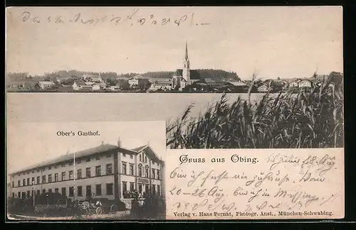 AK Obing, Panorama des Ortesvom Wasser gesehen, Obers Gasthof