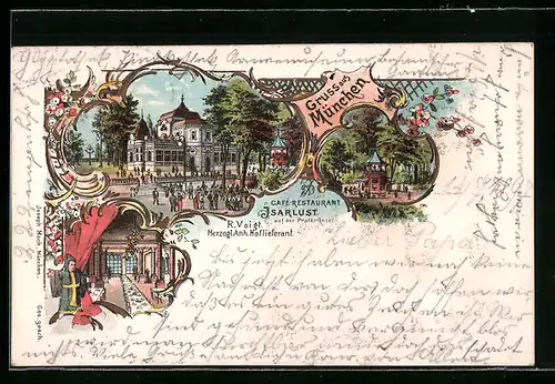 Lithographie München, Cafe-Restaurant Isarlust auf der Prater-Insel, Innenansicht, Pavillon