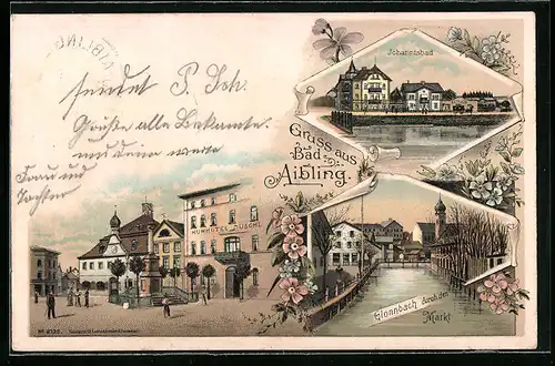 Lithographie Bad Aibling, Kurhotel Duschl, Johannisbad, Glonnbach durch den Markt