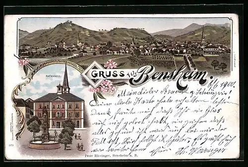 Lithographie Bensheim, Rathaus mit Brunnen, Teilansicht