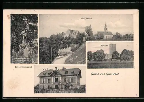 AK Grünwald, Schloss, Kriegerdenkmal, Dorfpartie