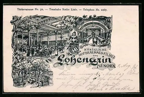 Künstler-AK München, Hofbräuhaus-Filiale Gasthaus zum Lohengrin, Türkenstrasse 50