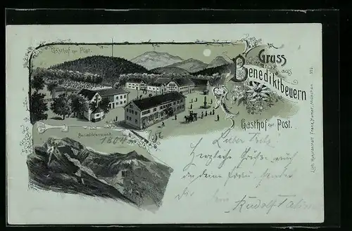 Lithographie Benediktbeuern, Gasthof zur Post, Benediktenwand