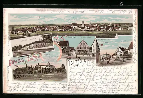 Lithographie Pleinfeld, Schloss Sand-See, Bahnhof-Restauration, Marktplatz mit Kirchengasse