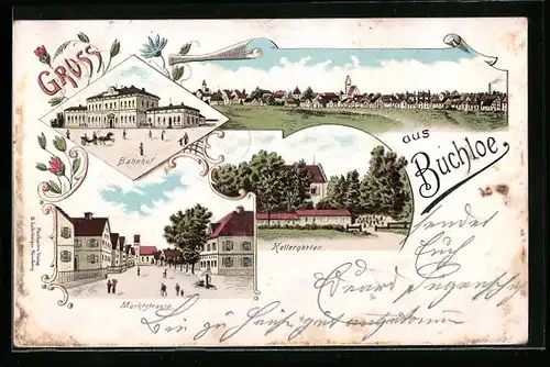 Lithographie Buchloe, Bahnhof, Marktstrasse, Kellergarten