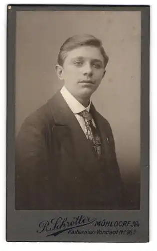 Fotografie Rudolf Schrötter, Mühldorf am Inn, Katharinen-Vorstadt 98 a, Junger Mann im Anzug mit Krawatte
