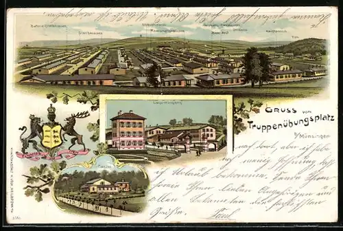 Lithographie Münsingen, Panorama des Truppenübungsplatzes, Casino, Lagereingang