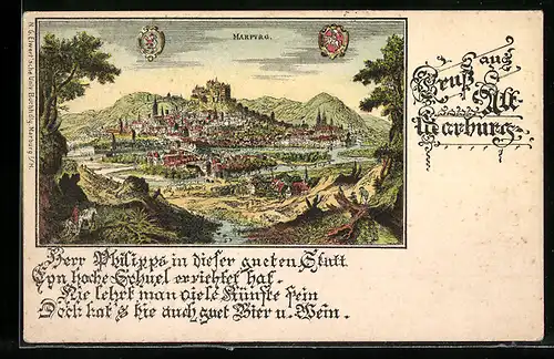 Künstler-AK Marburg, Totalansicht der Stadt, Wappen