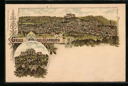 Lithographie Marburg, Totalansicht, Schloss