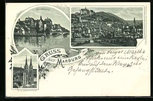 Lithographie Marburg, Teilansicht, Universität, St. Elisabethkirche