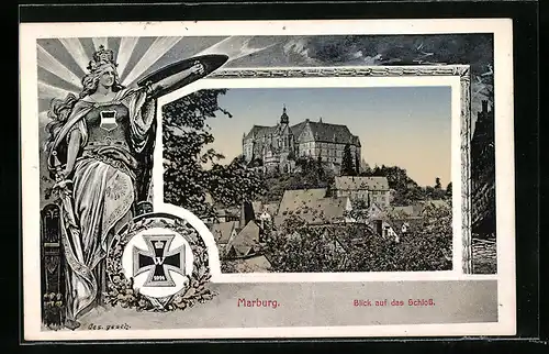 AK Marburg, Blick auf das Schloss, Germania mit Schild und Schwert