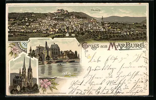 Lithographie Marburg, Teilansicht, Universität, Elisabeth-Kirche