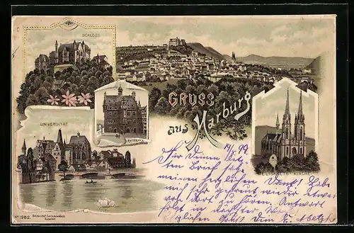 Lithographie Marburg, Teilansicht, Schloss, Universität, Elisabeth Kirche