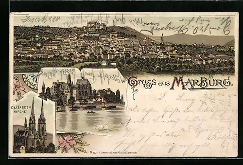 Lithographie Marburg, Totalansicht, Elisabeth-Kirche, Universität