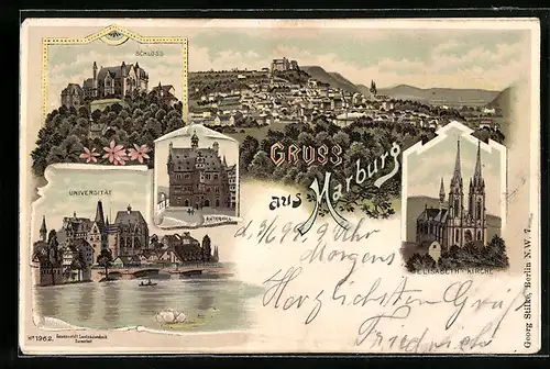 Lithographie Marburg, Rathaus, Universität, Schloss