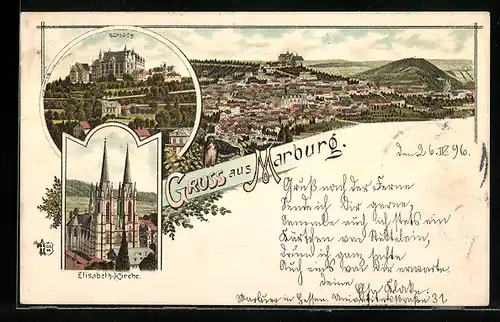 Lithographie Marburg, Schloss, Elisabeth-Kirche, Gesamtansicht
