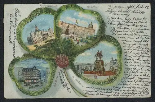 Passepartout-Lithographie Berlin, Café Bauer, Reichstagsgebäude, Kgl. Schloss, Vierblattklee