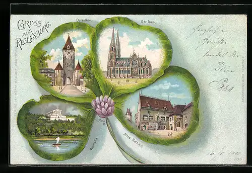 Passepartout-Lithographie Regensburg, Ostenthor, Der Dom, Walhalla, Altes Rathaus