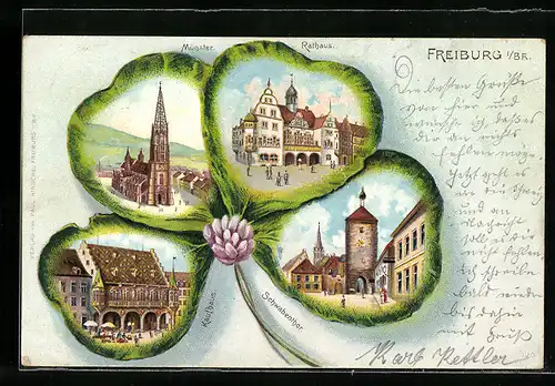 Passepartout-Lithographie Freiburg i /Br., Kaufhaus, Münster und Rathaus im Kleeblatt
