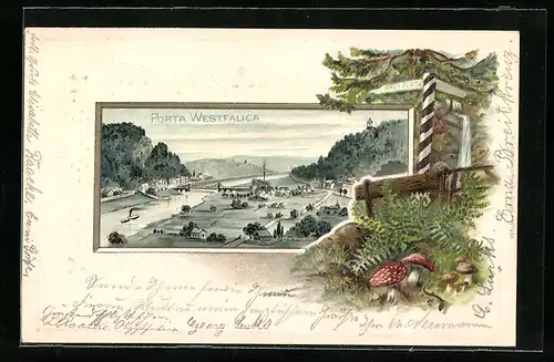 Passepartout-Lithographie Porta Westfalica, Totalansicht, Waldpartie mit Pilzen