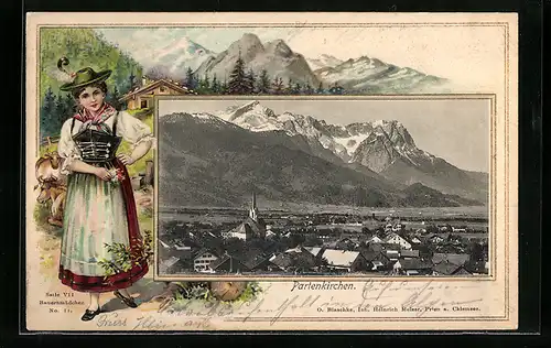 Passepartout-Lithographie Partenkirchen, Totalansicht aus der Vogelschau, Frau in Tracht