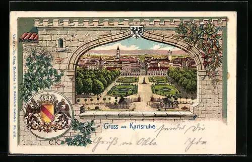 Passepartout-Lithographie Karlsruhe, Grosser Platz mit Springbrunnen in der Stadt, Wappen