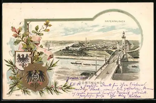 Passepartout-Lithographie Dortmund, Ansicht der Hafenanlagen, Wappen