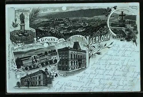 Lithographie Iserlohn, Alexanderhöhe, Post, Siedesdenkmal, Rathaus