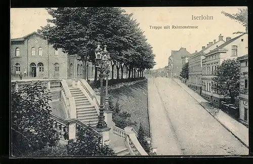AK Iserlohn, Treppe mit Rahmenstrasse, Bahnhof