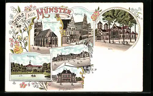 Lithographie Münster, Liebfrauenkirche, Rathaus, Bahnhof