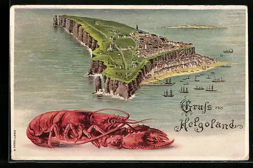 Lithographie Helgoland, Insel aus der Vogelschau mit Hummer