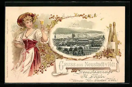 Passepartout-Lithographie Neustadt a. Hardt, Teilansicht, Frau hält Weinglas