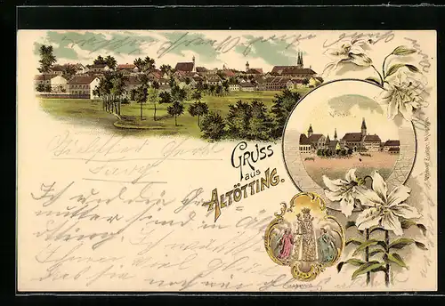 Lithographie Altötting, Teilansicht, Kirche, Gnadenbild