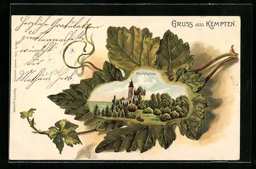 Passepartout-Lithographie Kempten, Burghalde im Eichenblatt