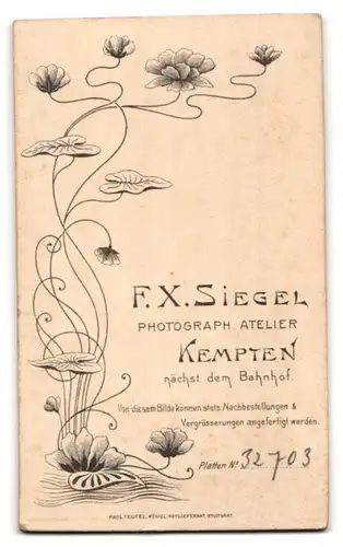Fotografie F. X. Siegel, Kempten, Junge Dame mit zurückgebundenem Haar