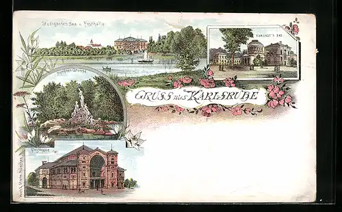 Lithographie Karlsruhe, Stadtgarten See und Festhalle, Vierordt's Bad