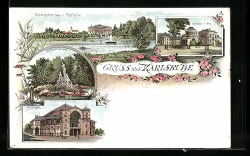 Lithographie Karlsruhe, Stadtgarten See und Festhalle, Vierordt's Bad