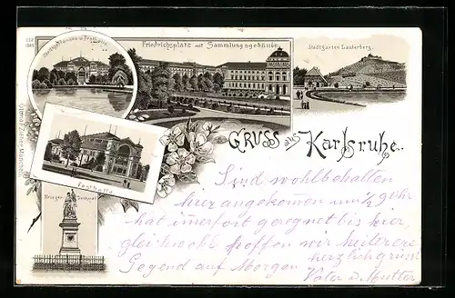 Lithographie Karlsruhe, Friedrichsplatz mit Sammlungsgebäude, Festhalle und Krieger-Denkmal