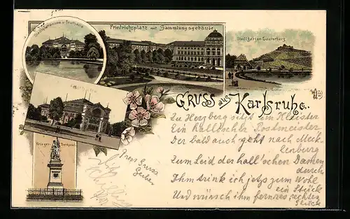 Lithographie Karlsruhe, Stadtgarten Lauterberg, Krieger-Denkmal und Festhalle