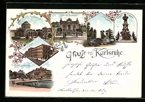 Lithographie Karlsruhe, Polytechnikum, Schlossgarten und Malsch Brunnen