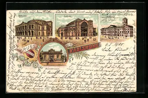 Lithographie Karlsruhe, Festhalle, Malschbrunnen, Hoftheater