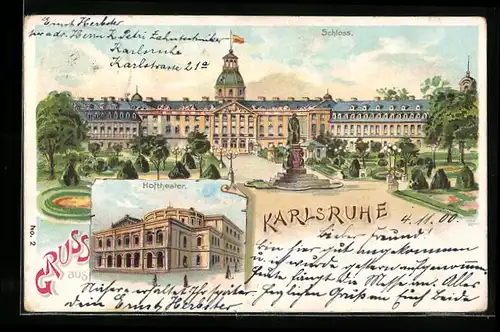 Lithographie Karlsruhe i. B., Hoftheater und Schloss