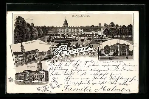 Lithographie Karlsruhe, Festhalle, Marktplatz und Rathhaus