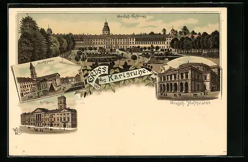 Lithographie Karlsruhe, Grossh. Schloss, Rathhaus und Grossh. Hoftheater