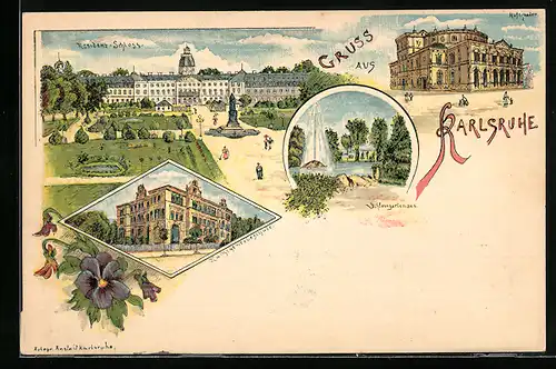 Lithographie Karlsruhe, Kunstgewerbeschule, Hoftheater, Residenz-Schloss